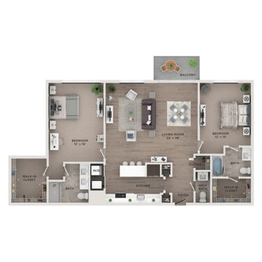 Rendering of the C10 floor plan with 2 bedroom[s] and 2.5 bathroom[s] at McGovern House