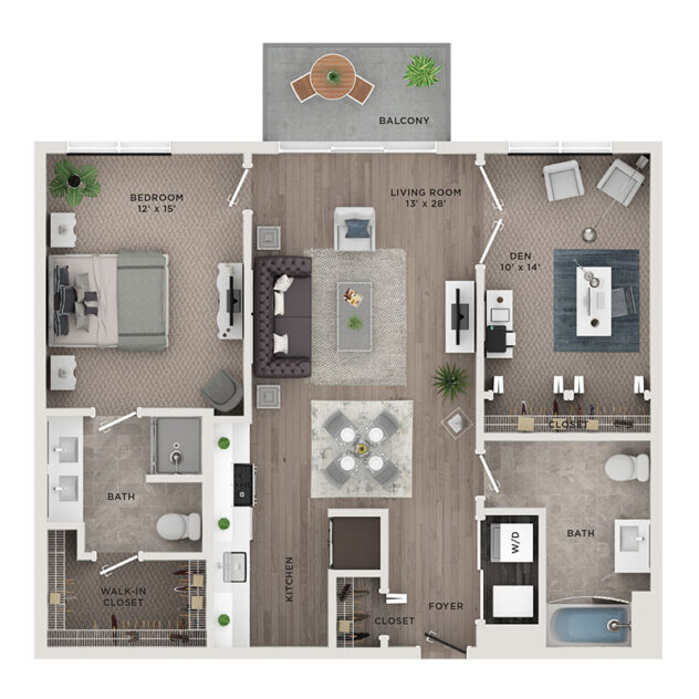 Rendering of the A5 floor plan with 1 bedroom[s] and 2 bathroom[s] at McGovern House
