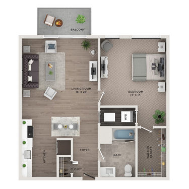 Rendering of the A3 floor plan with 1 bedroom[s] and 1 bathroom[s] at McGovern House