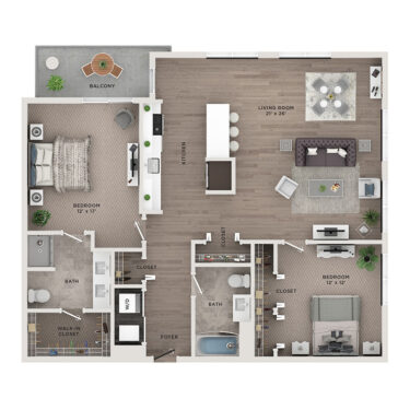 Rendering of the C9 floor plan with 2 bedroom[s] and 2 bathroom[s] at McGovern House