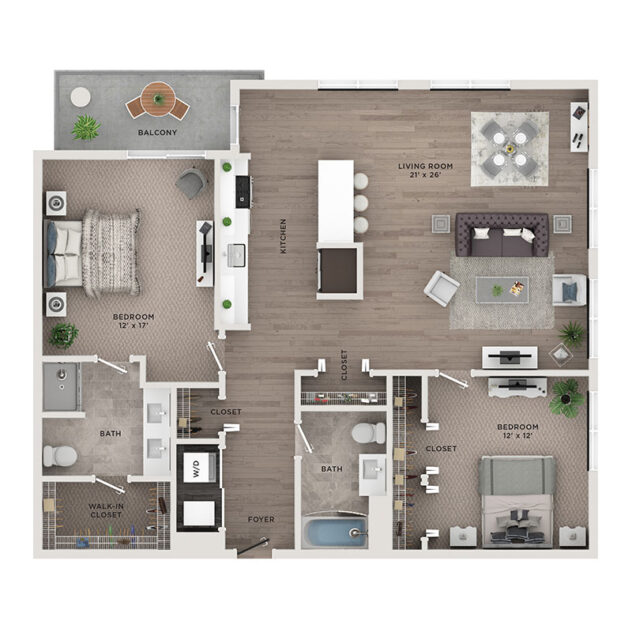 Rendering of the C9 floor plan with 2 bedroom[s] and 2 bathroom[s] at McGovern House