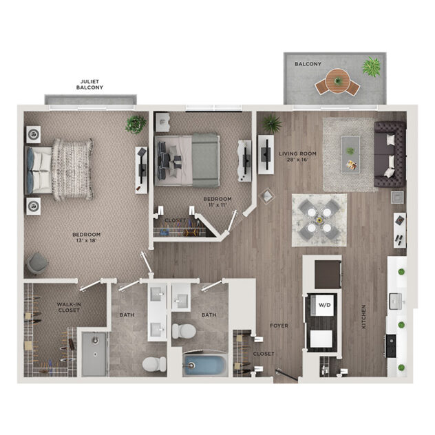 Rendering of the C4 floor plan with 2 bedroom[s] and 2 bathroom[s] at McGovern House